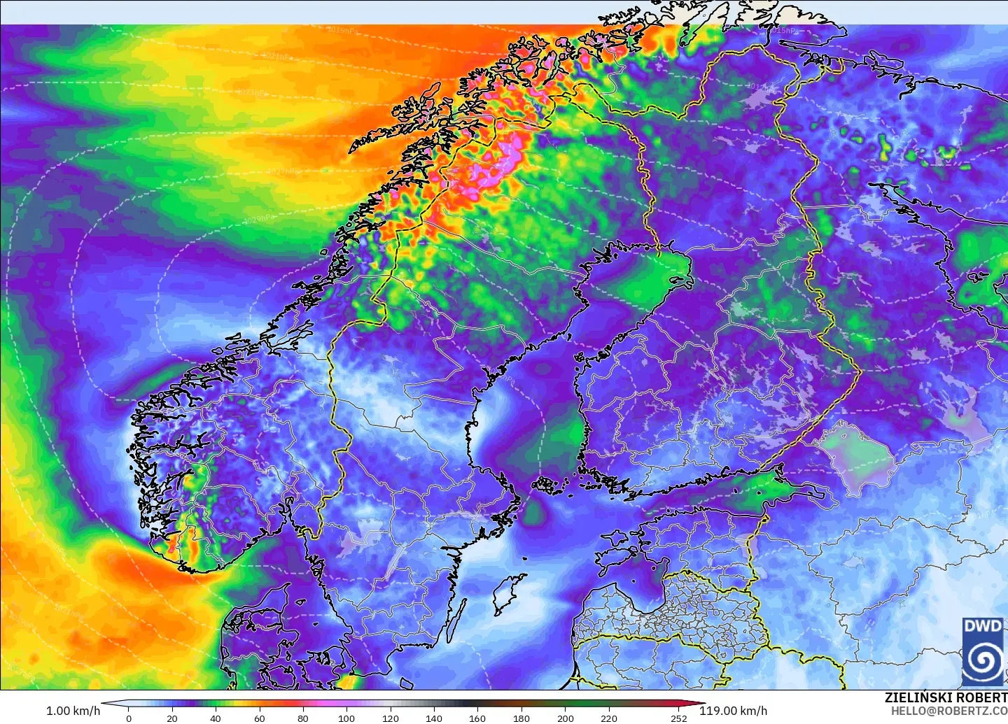 ICON model - Scandinavia, Wind Gusts Peak