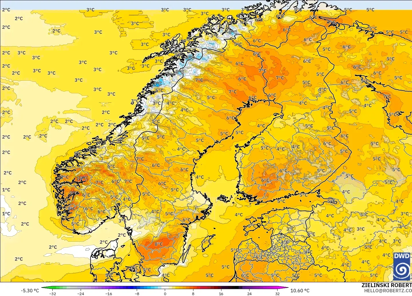 ICON model - Scandinavia, Temperature at 2m Anomaly