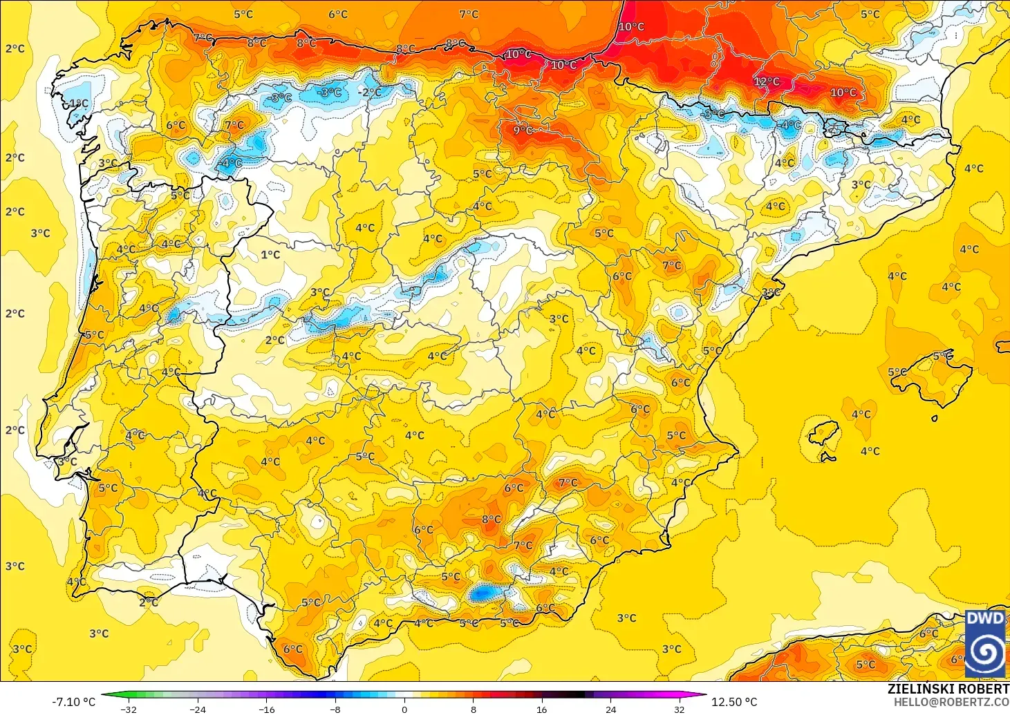 ICON model - Spain, Temperature at 2m Anomaly