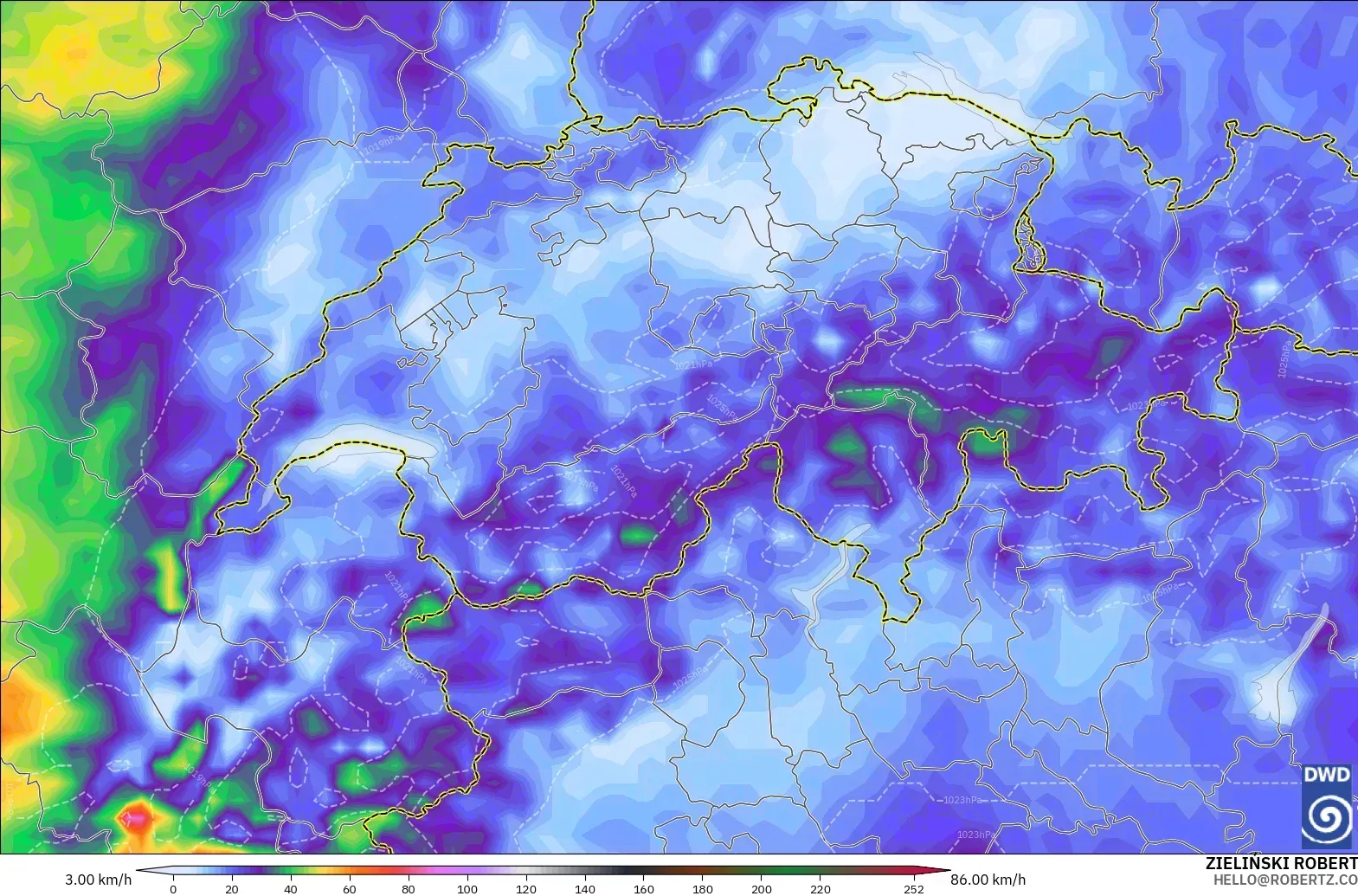 ICON model - Switzerland, Wind Gusts Peak
