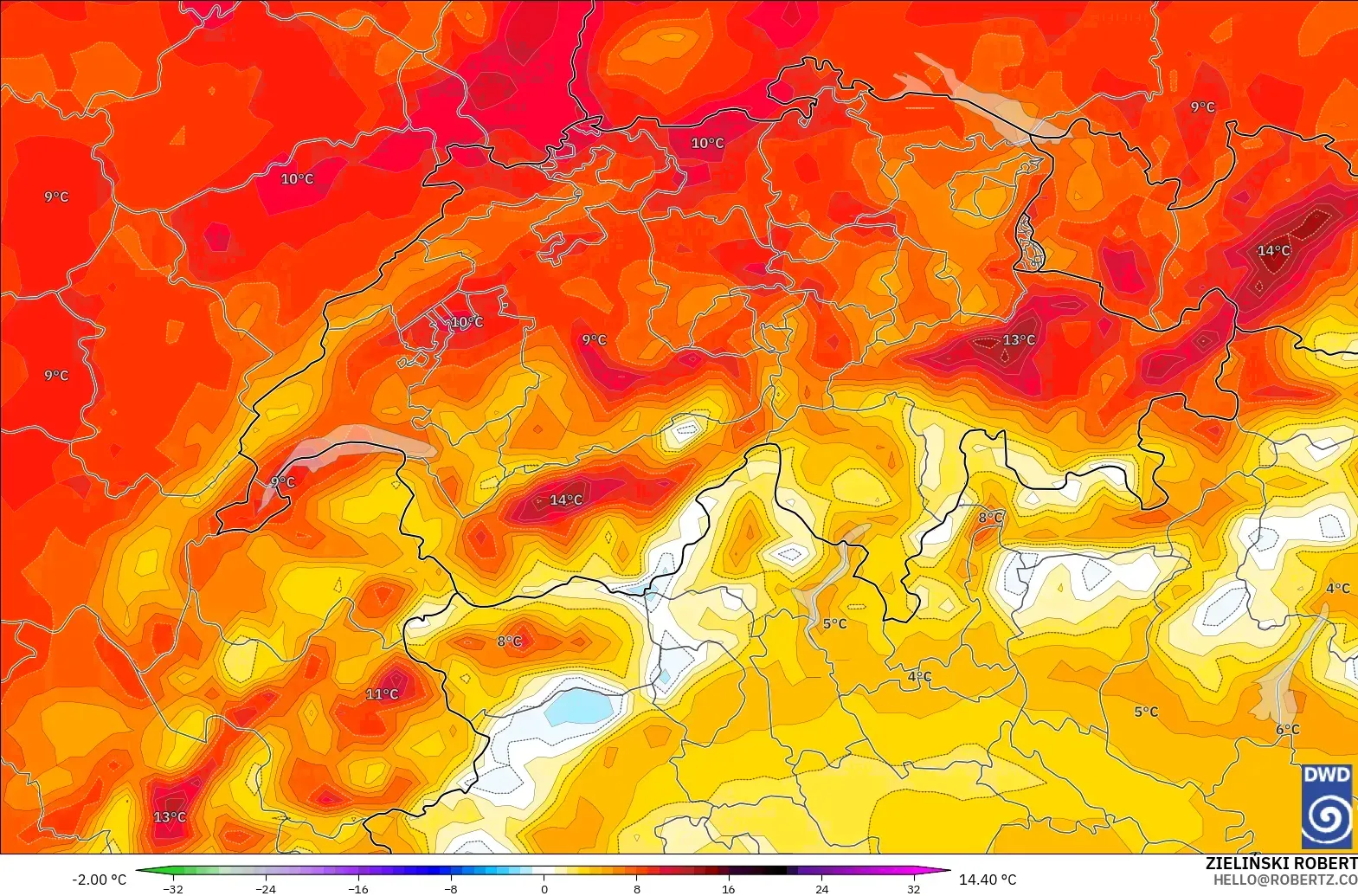 ICON model - Switzerland, Temperature at 2m Anomaly