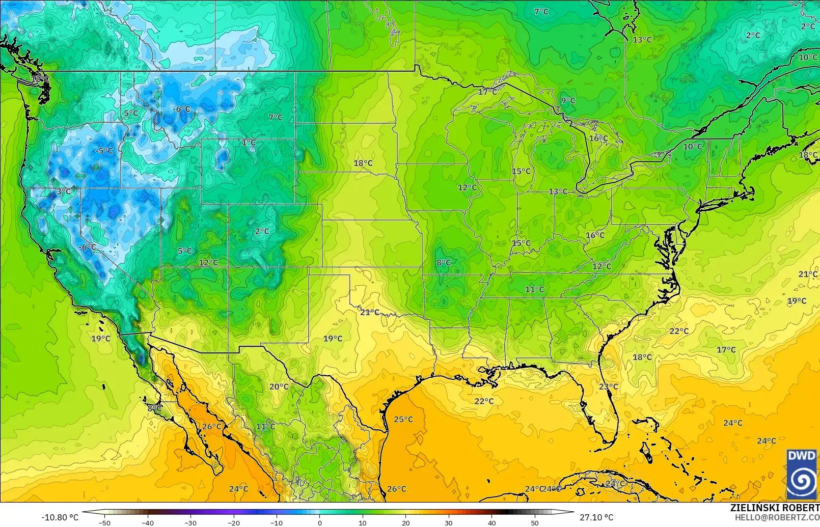 ICON model - United States, Dewpoint at 2m