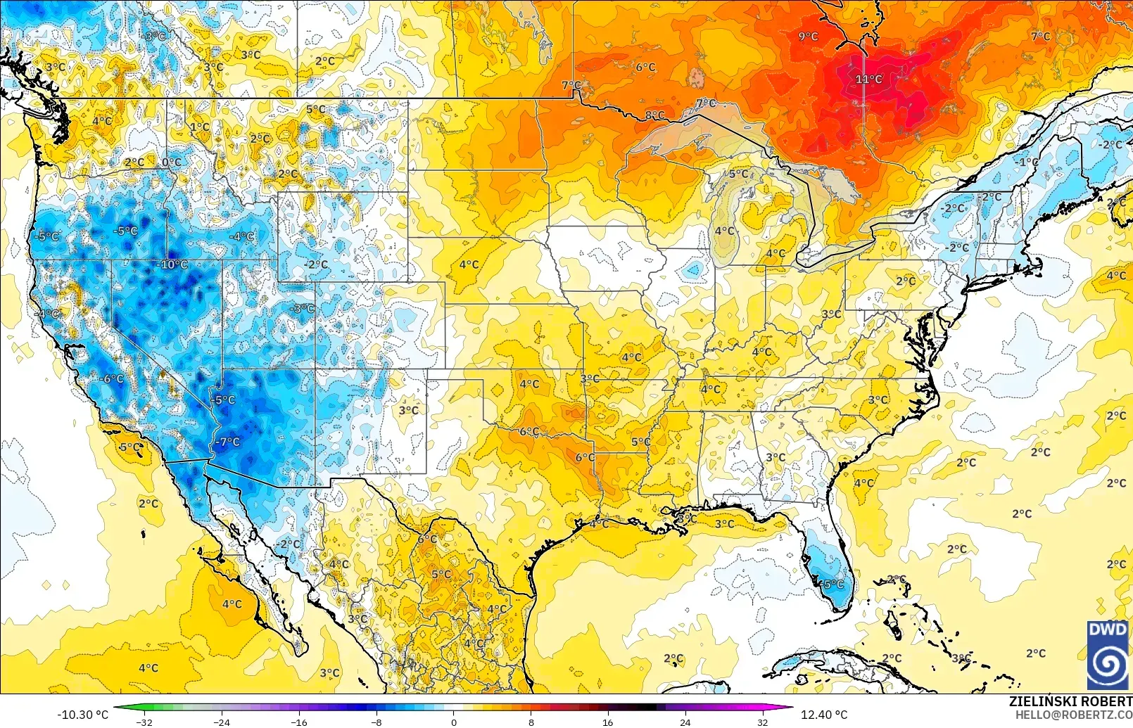 ICON model - United States, Temperature at 2m Anomaly