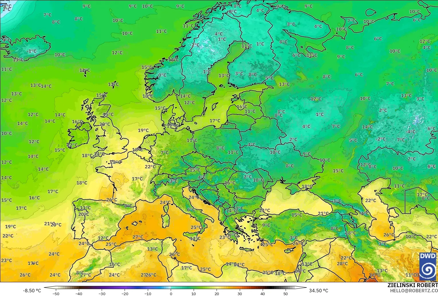 ICON model - Europe, Temperature at 2m