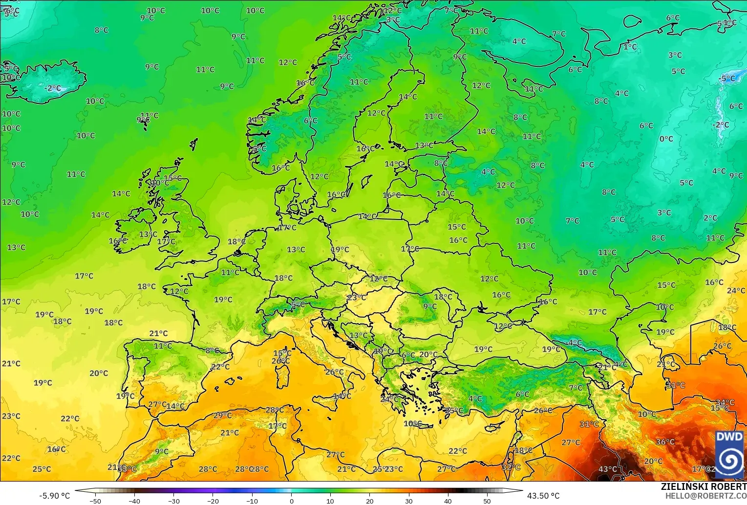 ICON model - Europe, Temperature at 2m