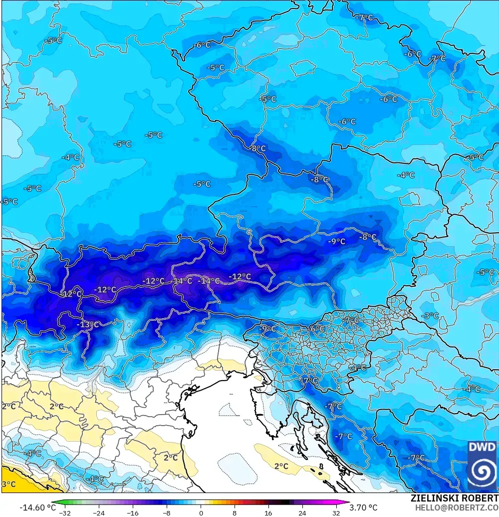 ICON model - Austria, Temperature at 850hPa Anomaly