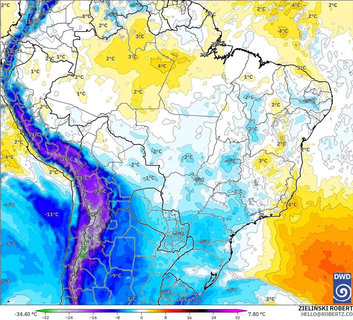 ICON model - Brazil, Temperature at 850hPa Anomaly