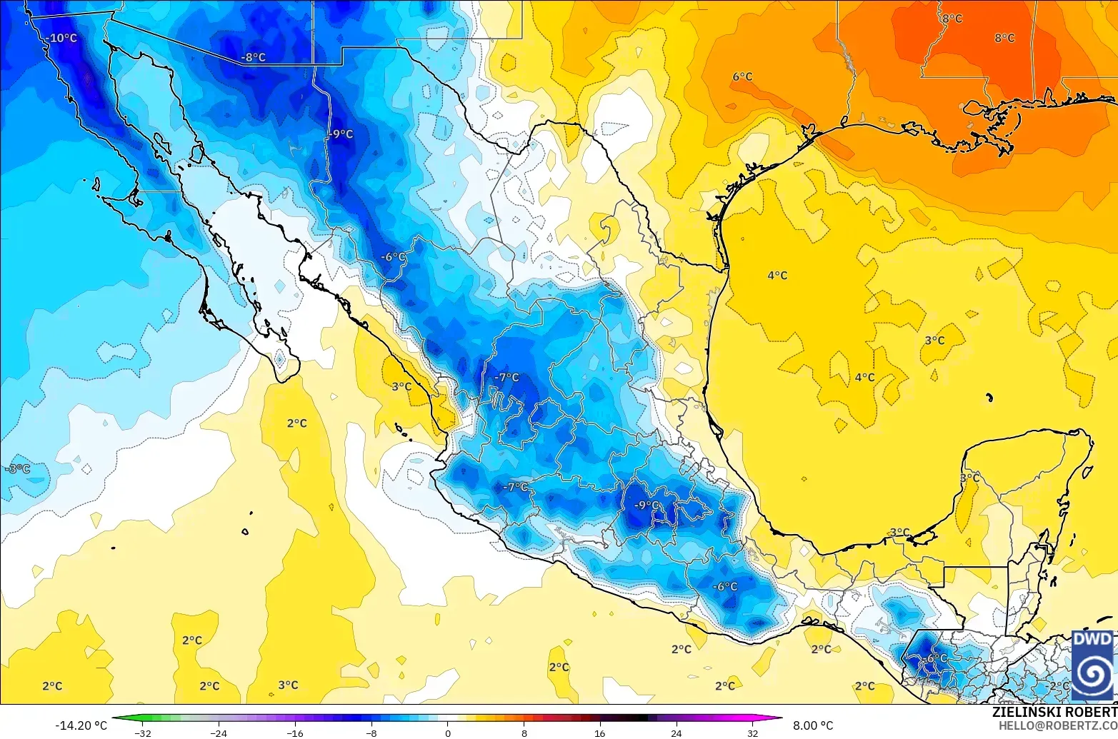 ICON model - Mexico, Temperature at 850hPa Anomaly