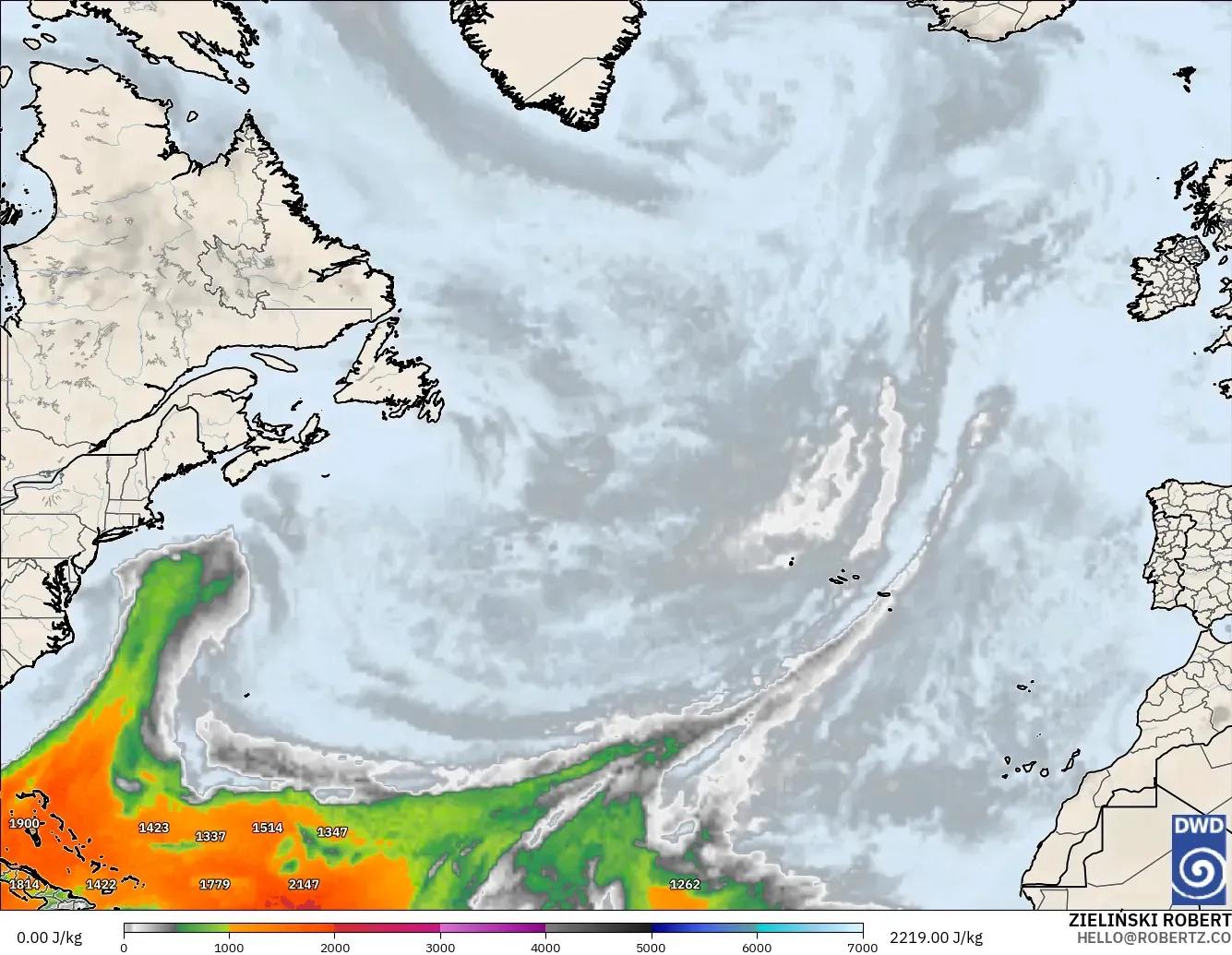 ICON model - North Atlantic, CAPE