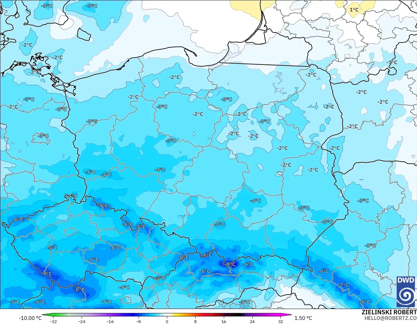 ICON model - Poland, Temperature at 850hPa Anomaly