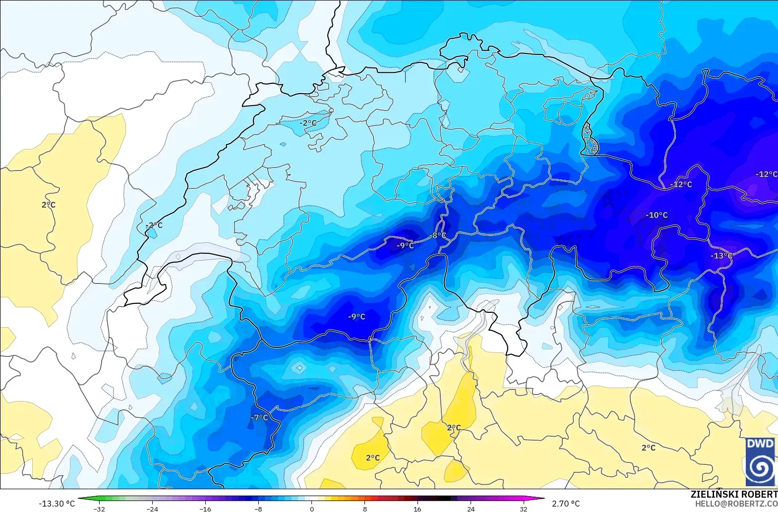 ICON model - Switzerland, Temperature at 850hPa Anomaly
