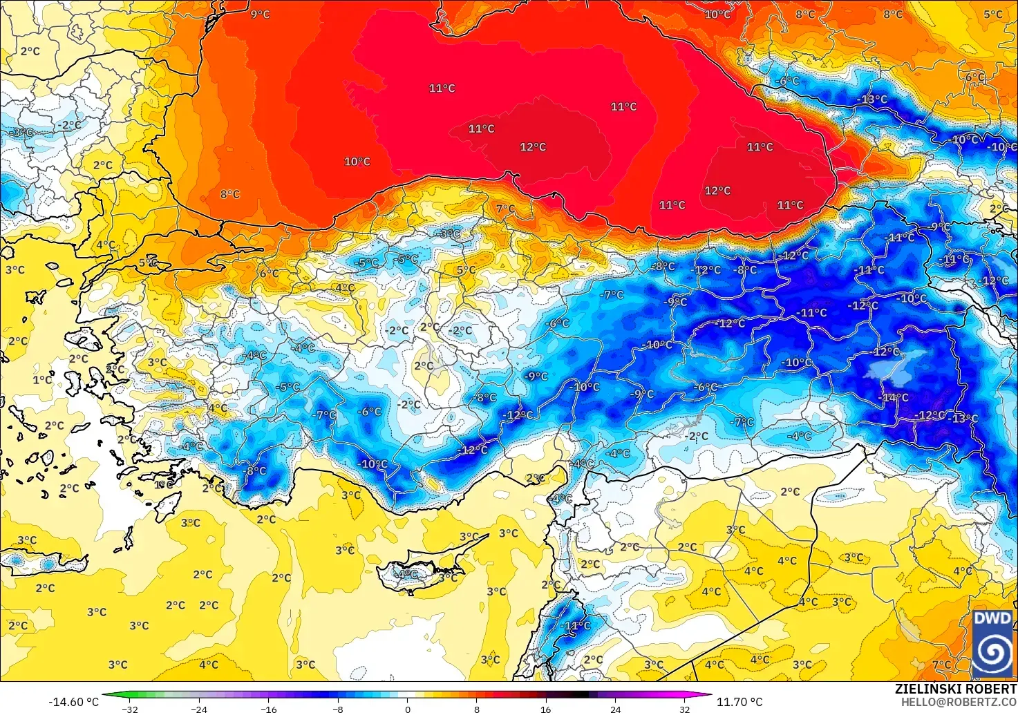 ICON model - Turkey, Temperature at 850hPa Anomaly