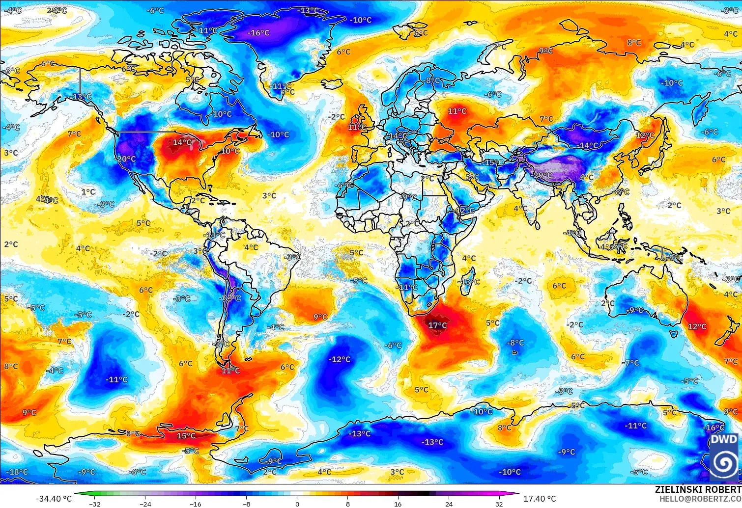 ICON model - World, Temperature at 850hPa Anomaly