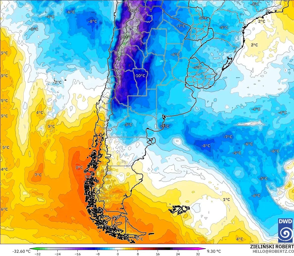 ICON model - Argentina, Temperature at 850hPa Anomaly