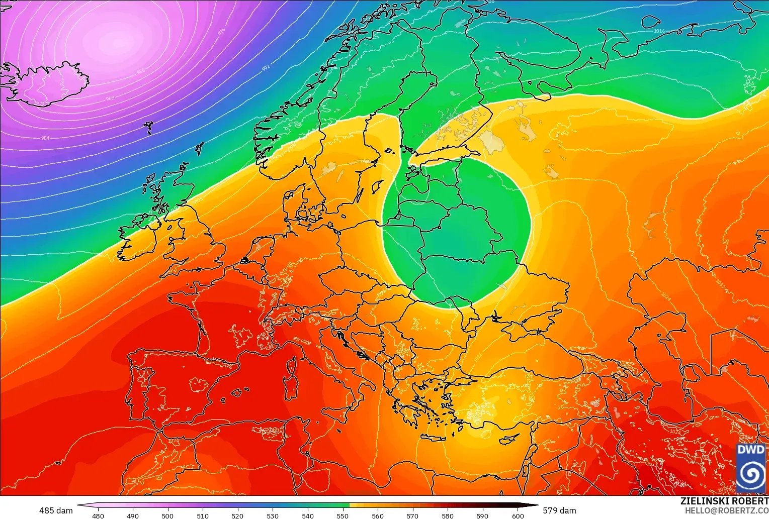 ICON model - Europe, Geopotential height at 500hPa