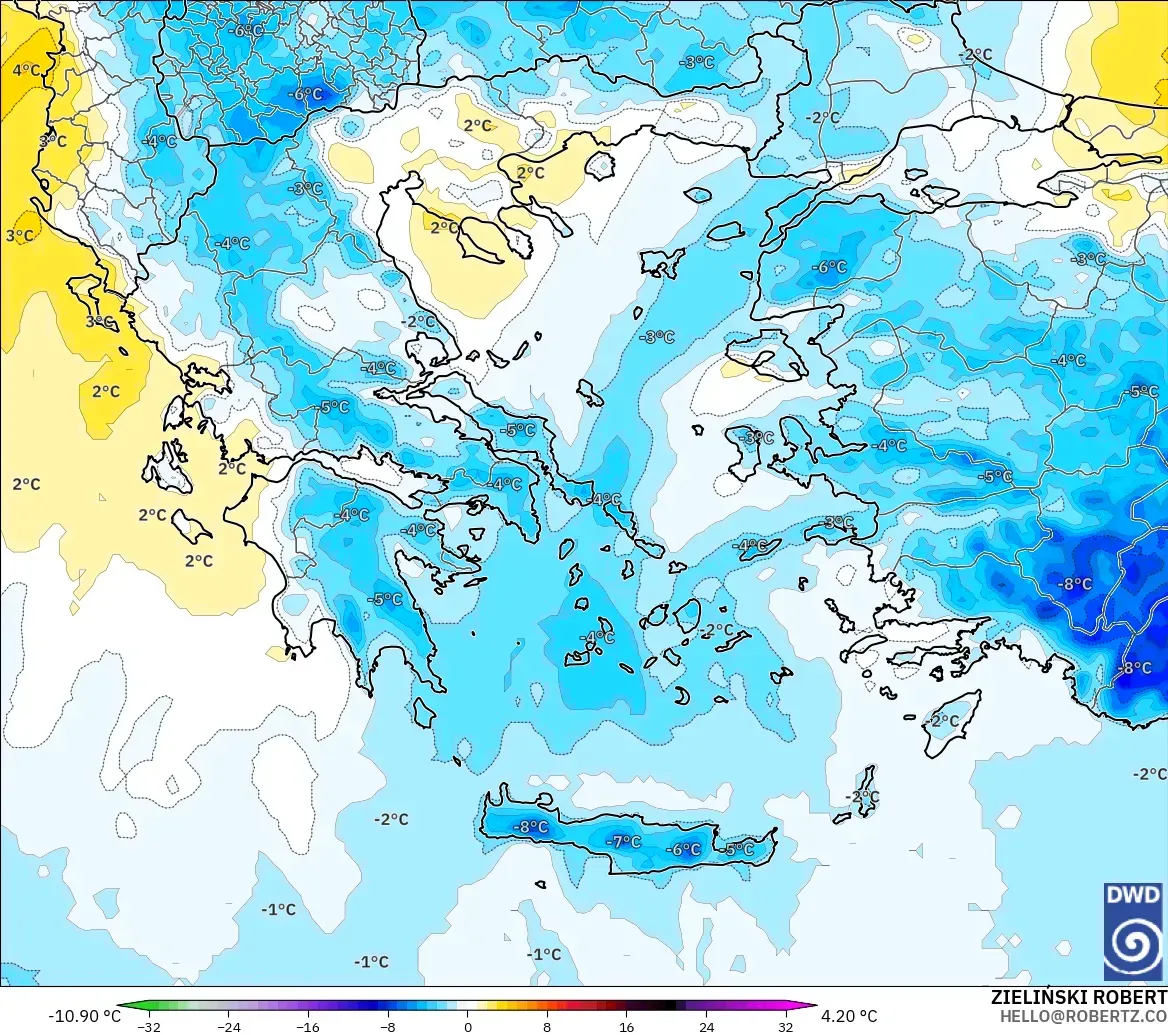 ICON model - Greece, Temperature at 850hPa Anomaly