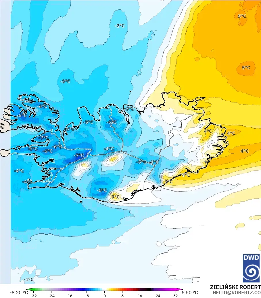 ICON model - Iceland, Temperature at 850hPa Anomaly