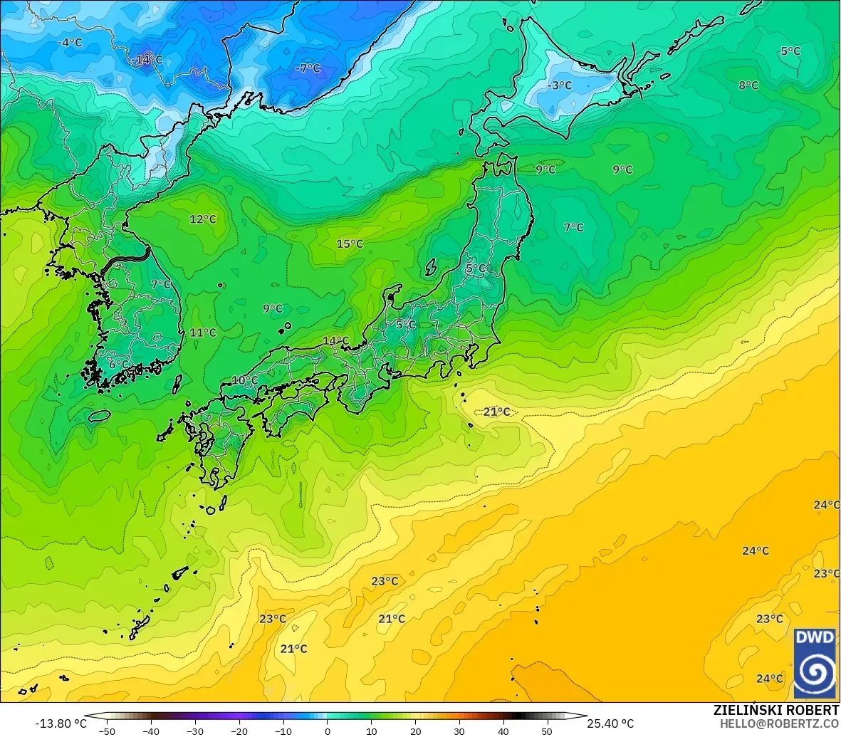 ICON model - Japan, Dewpoint at 2m