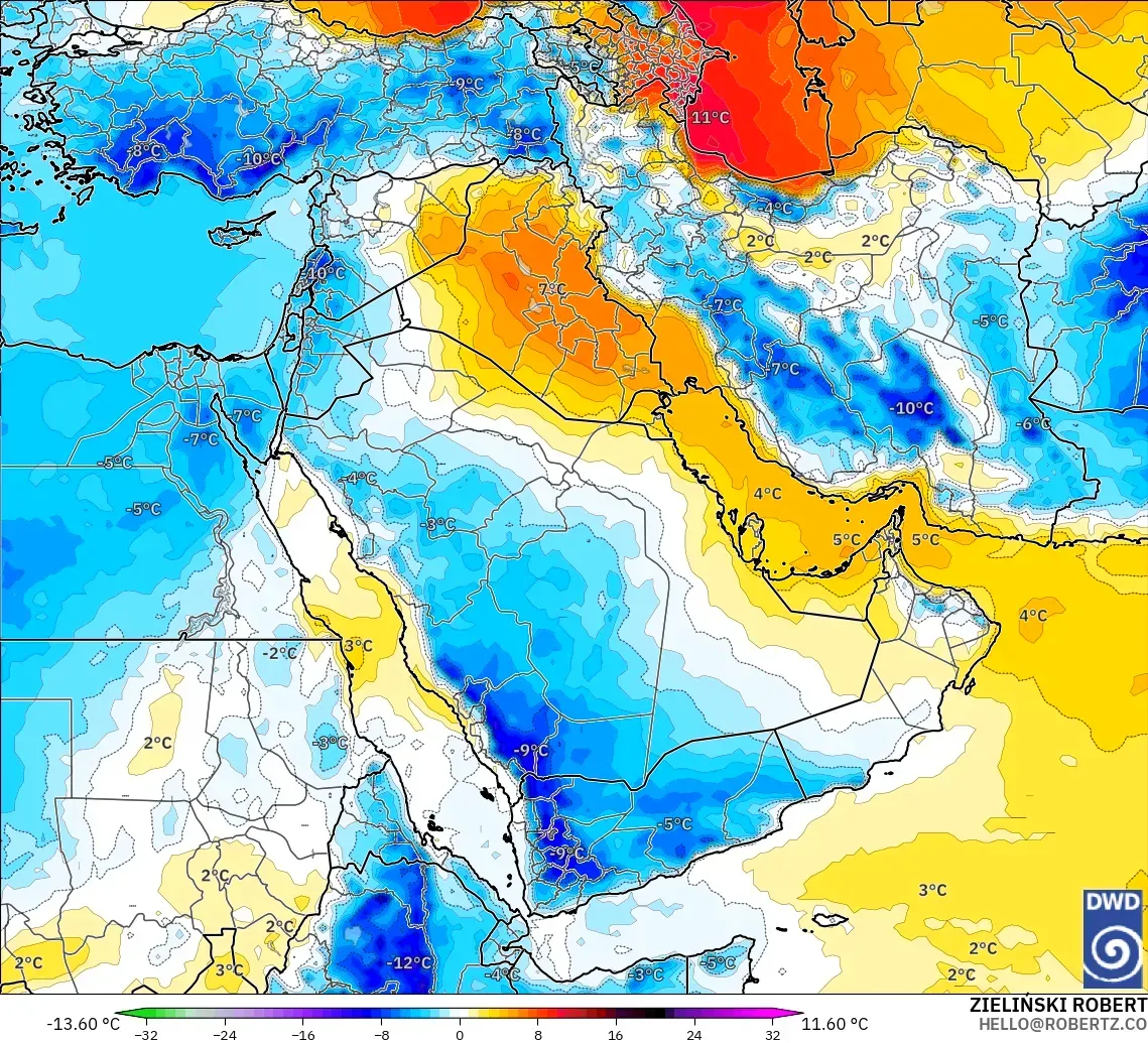 ICON model - Middle East, Temperature at 850hPa Anomaly