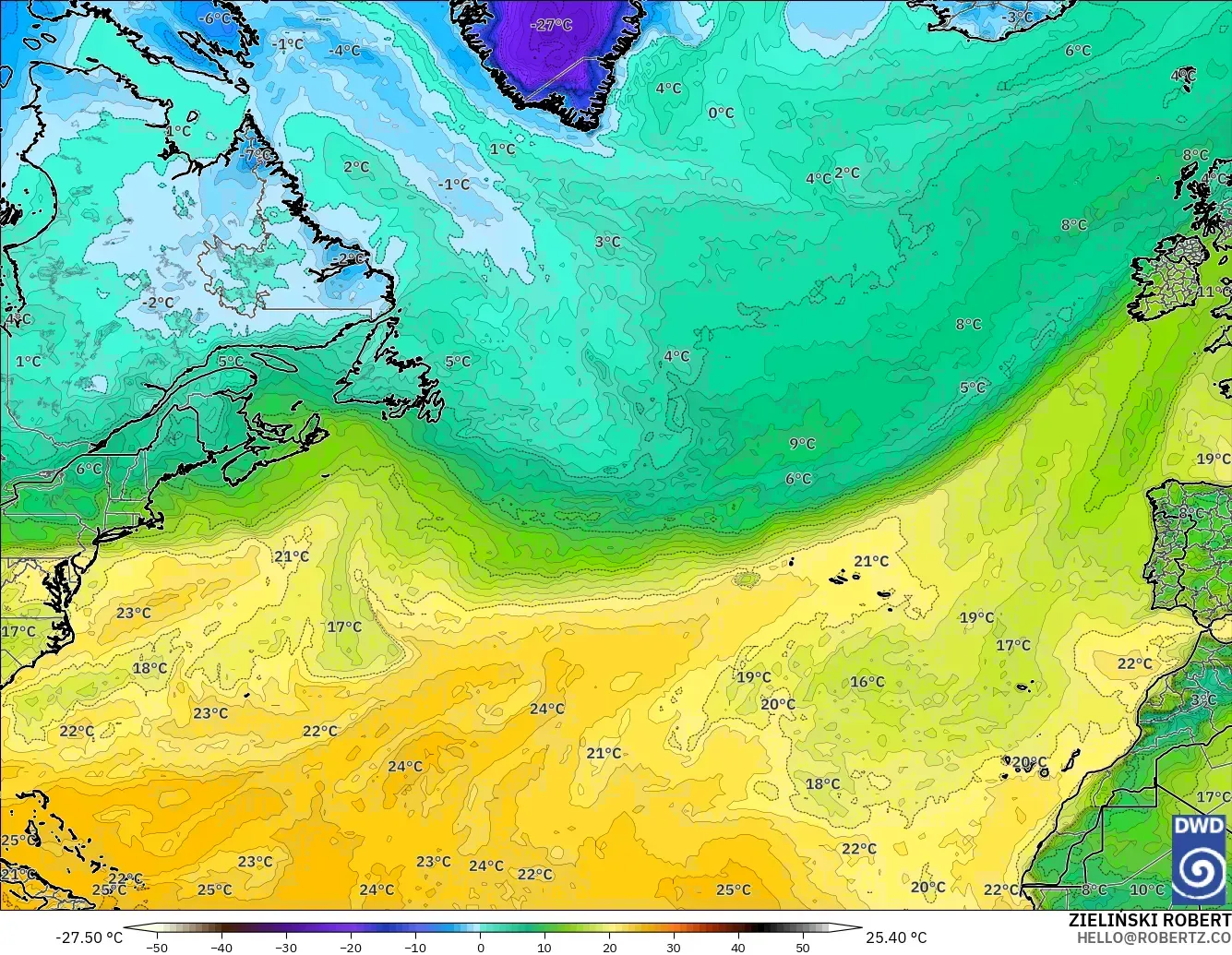 ICON model - North Atlantic, Dewpoint at 2m