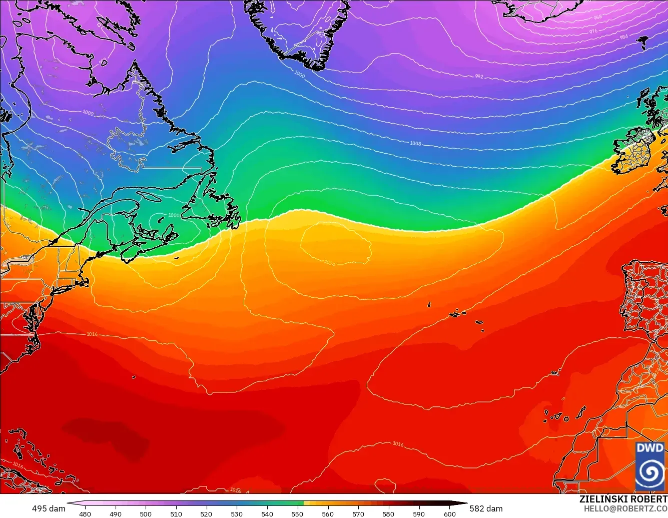 ICON model - North Atlantic, Geopotential height at 500hPa
