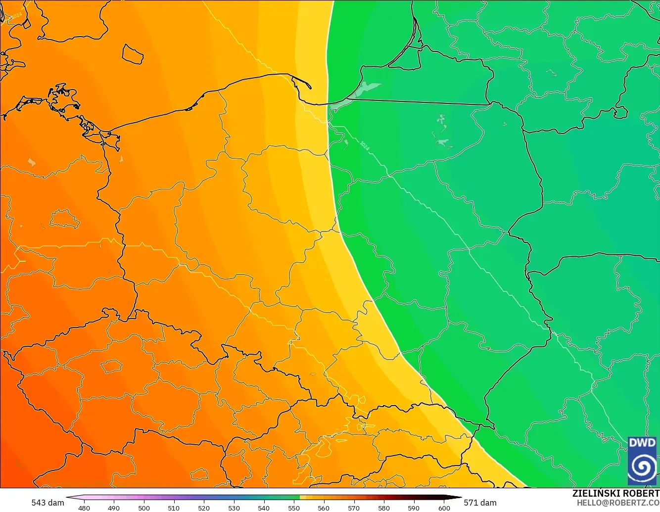 ICON model - Poland, Geopotential height at 500hPa