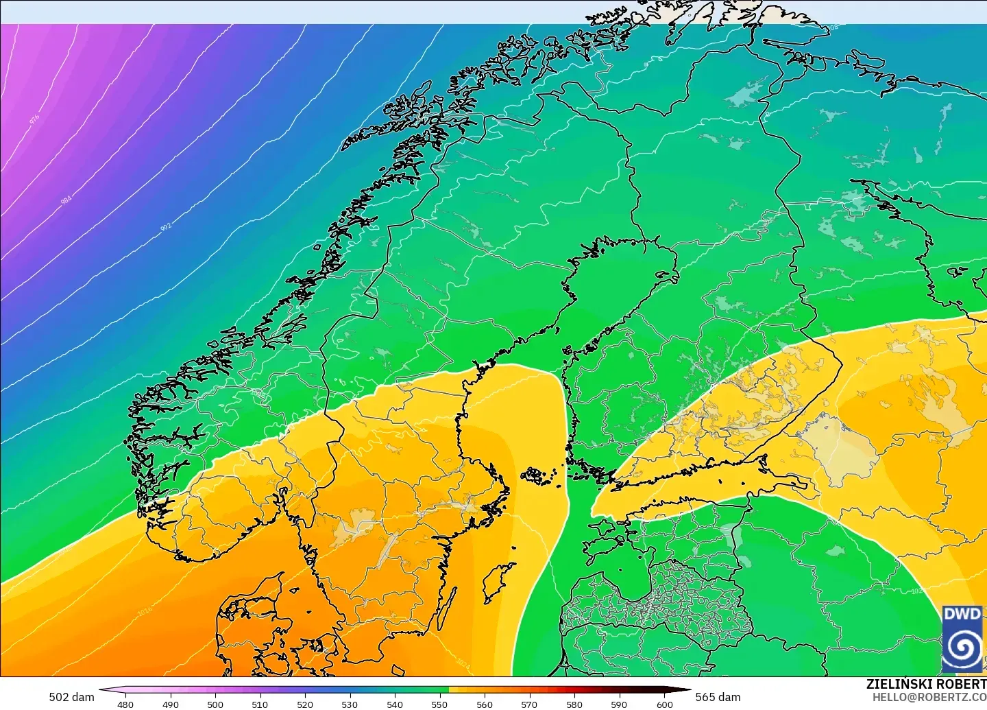 ICON model - Scandinavia, Geopotential height at 500hPa