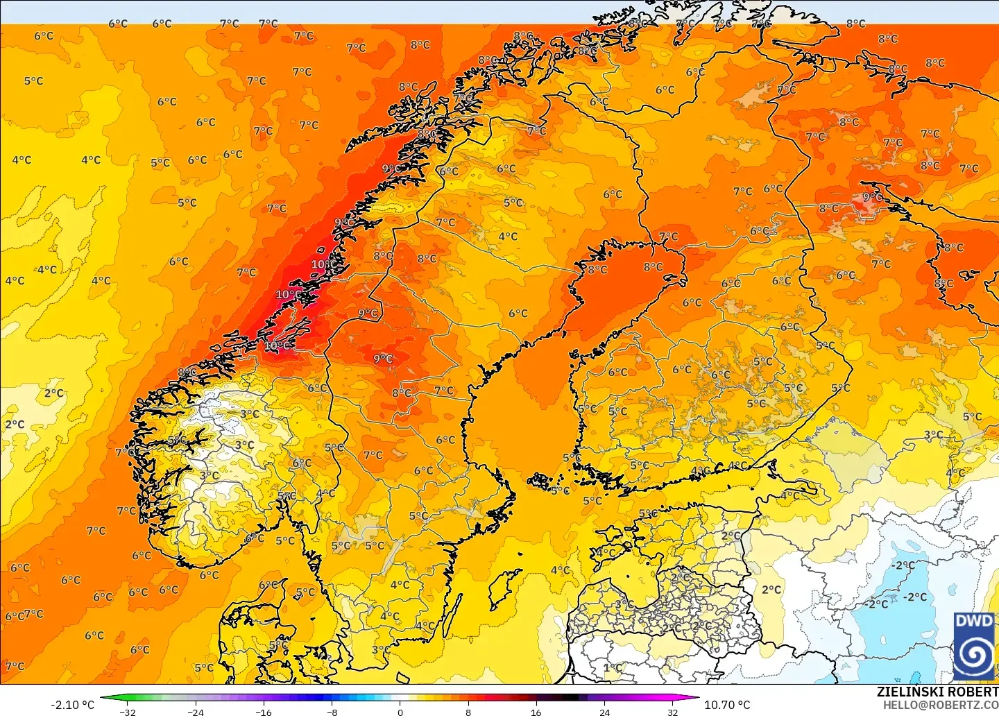 ICON model - Scandinavia, Temperature at 850hPa Anomaly