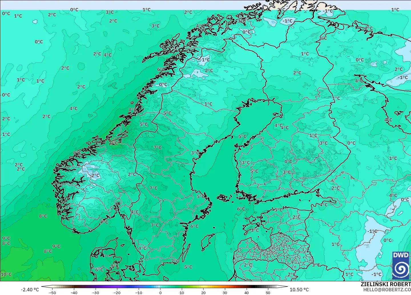ICON model - Scandinavia, Temperature at 850hPa