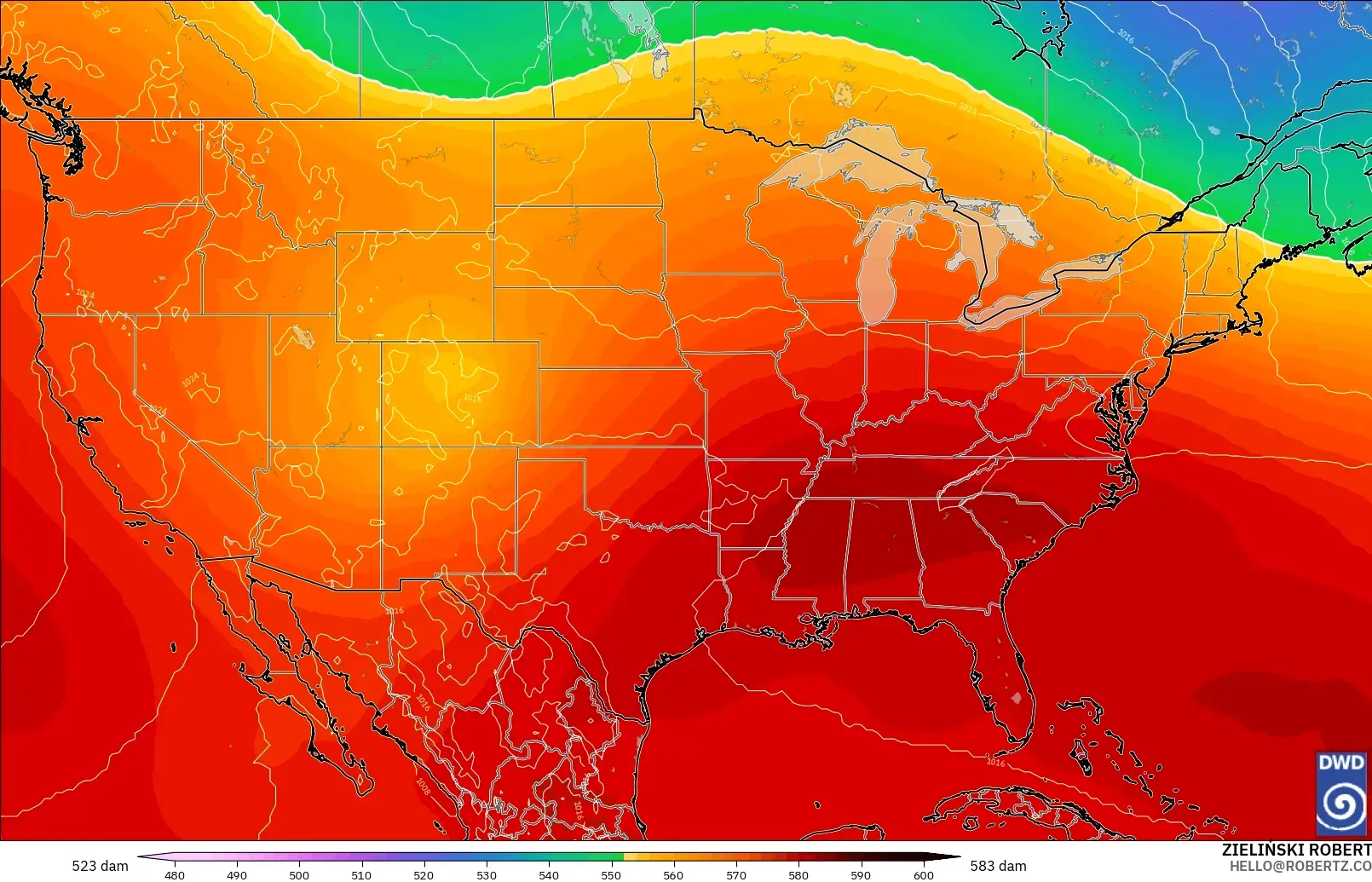 ICON model - United States, Geopotential height at 500hPa