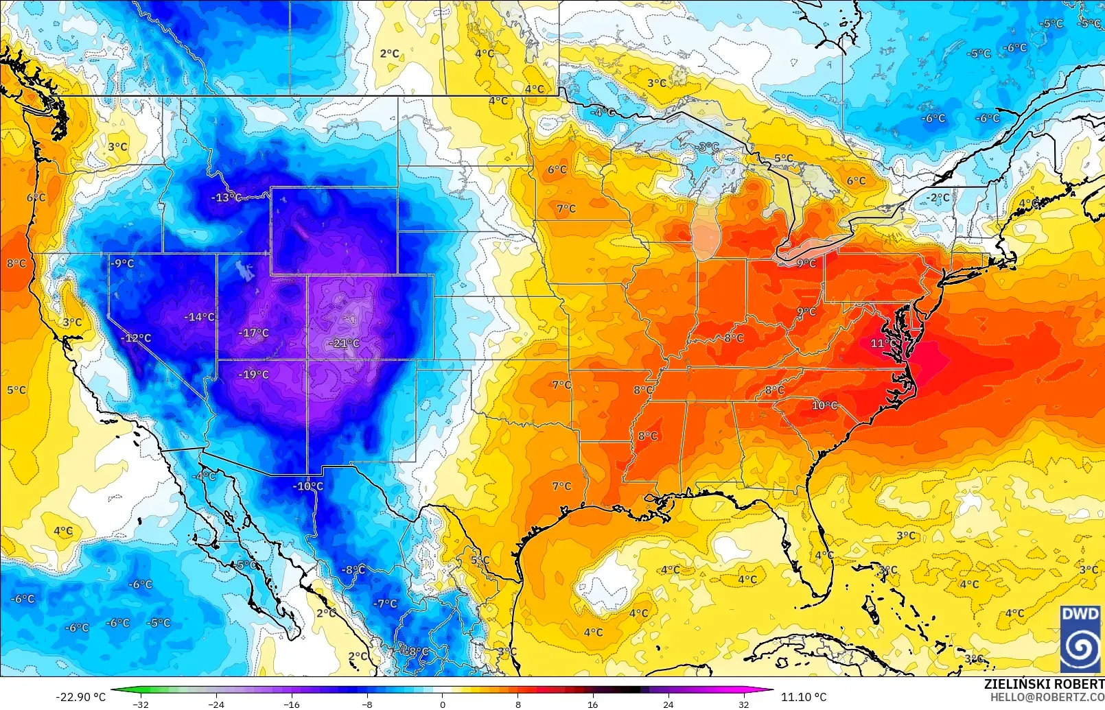 ICON model - United States, Temperature at 850hPa Anomaly