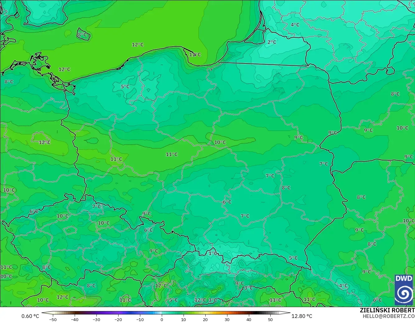 ICON model - Poland, Temperature at 2m