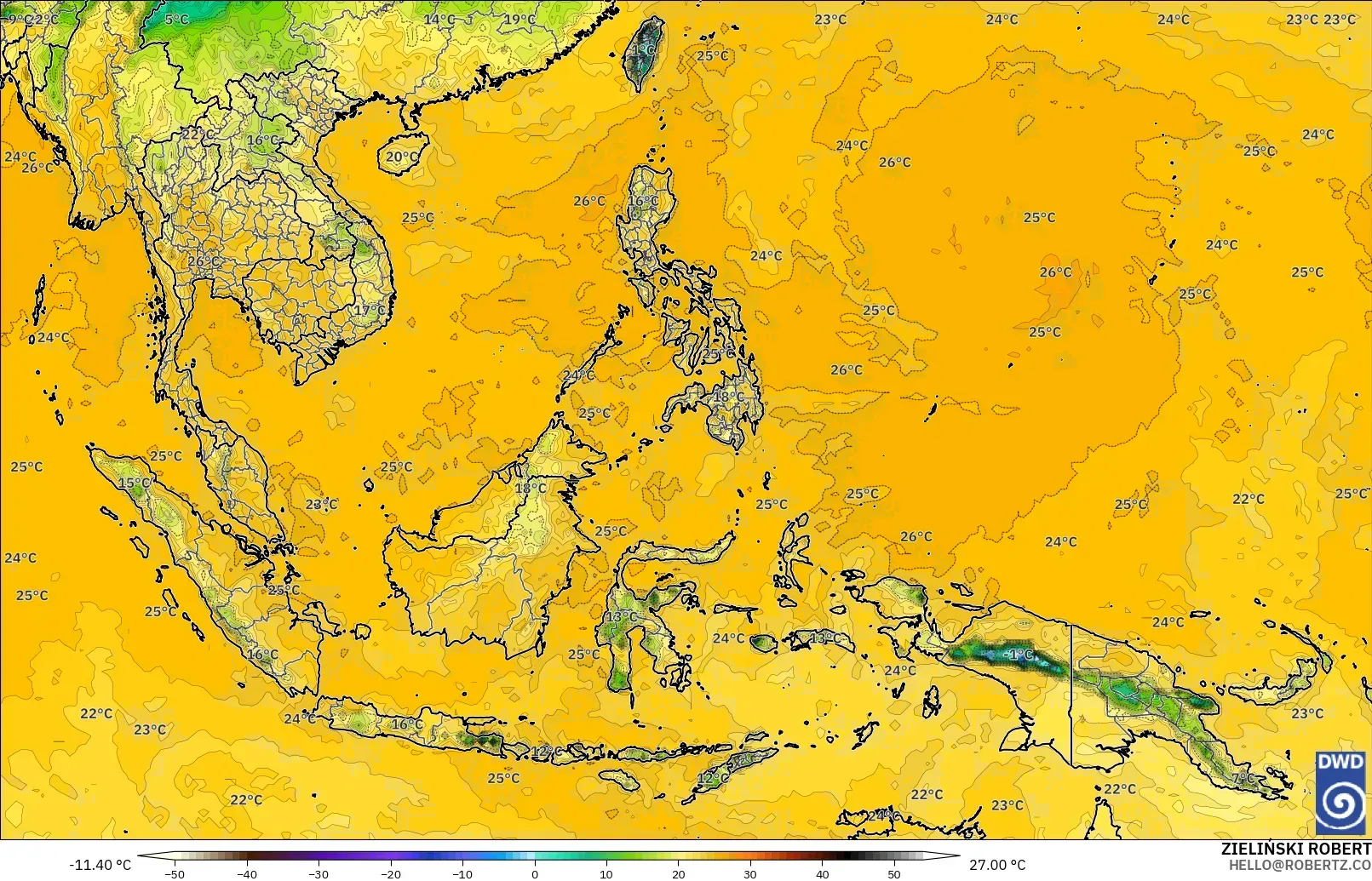 ICON model - South East Asia, Dewpoint at 2m