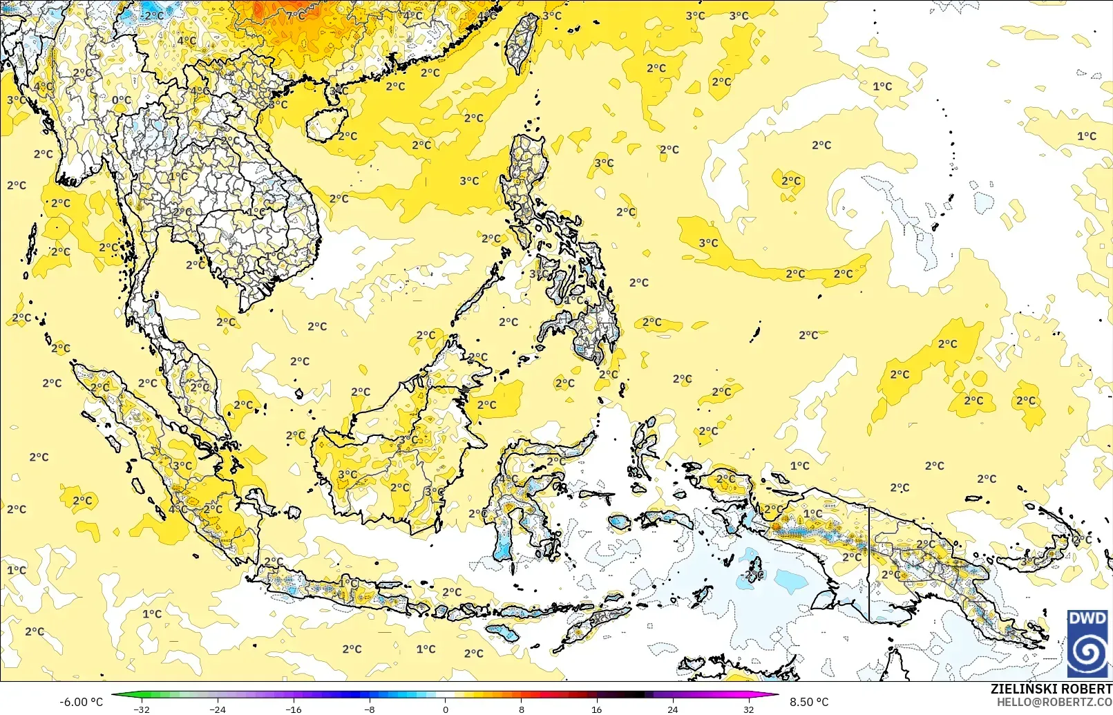 ICON model - South East Asia, Temperature at 2m Anomaly