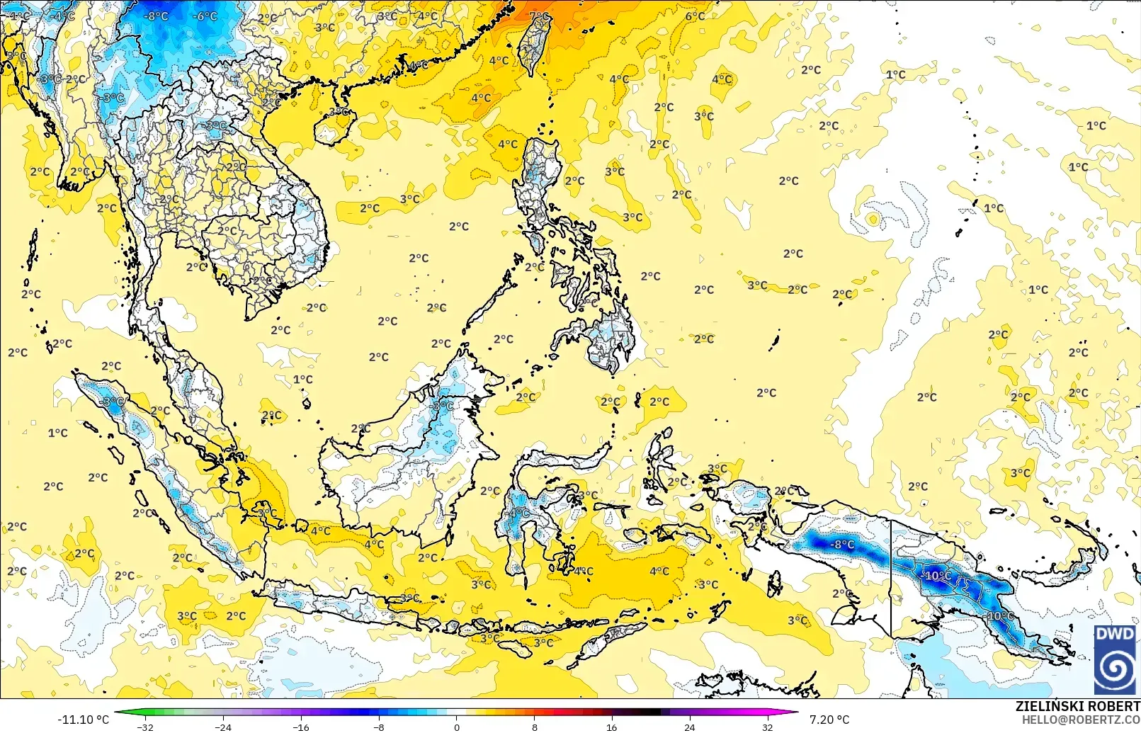 ICON model - South East Asia, Temperature at 850hPa Anomaly
