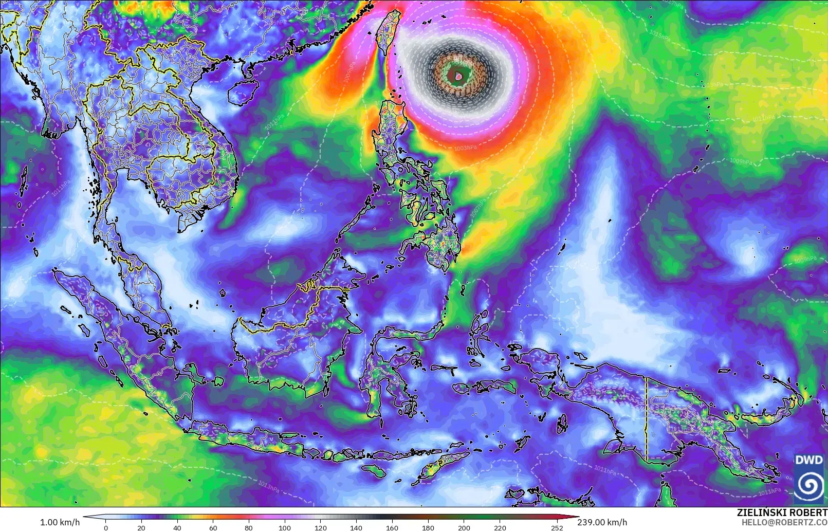 Hembusan angin hingga 144 km/jam, dengan inti kekuatan topan (≥ 118 km/jam) di utara Indonesia, Kamis, 22 Oktober 2026. Model ICON
