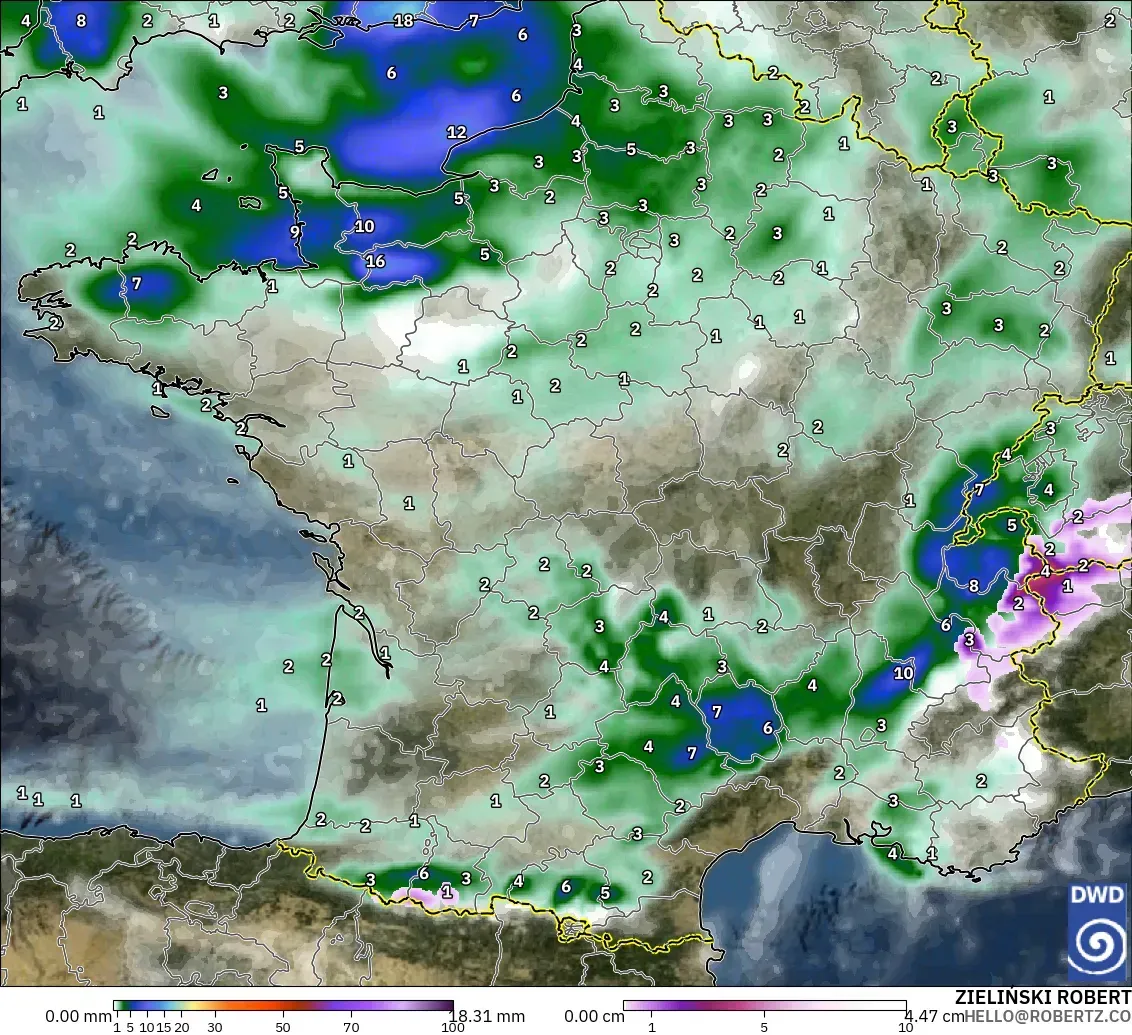 ICON model - France, Precipitation, Clouds, and Pressure