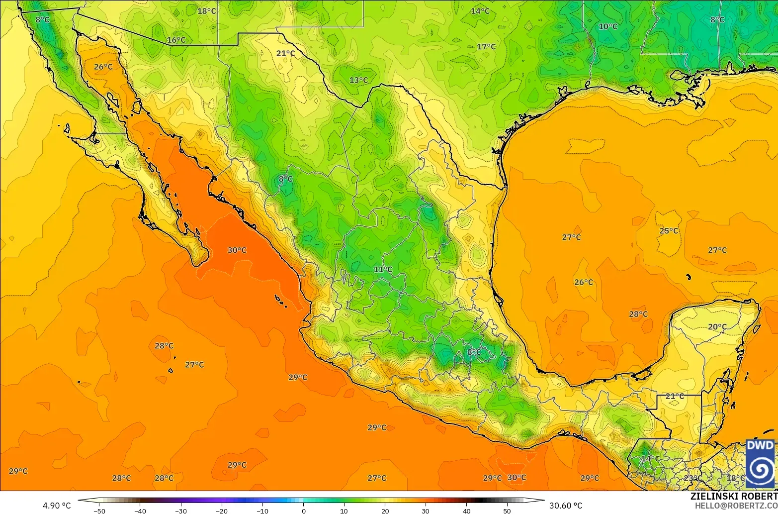 ICON model - Mexico, Temperature at 2m