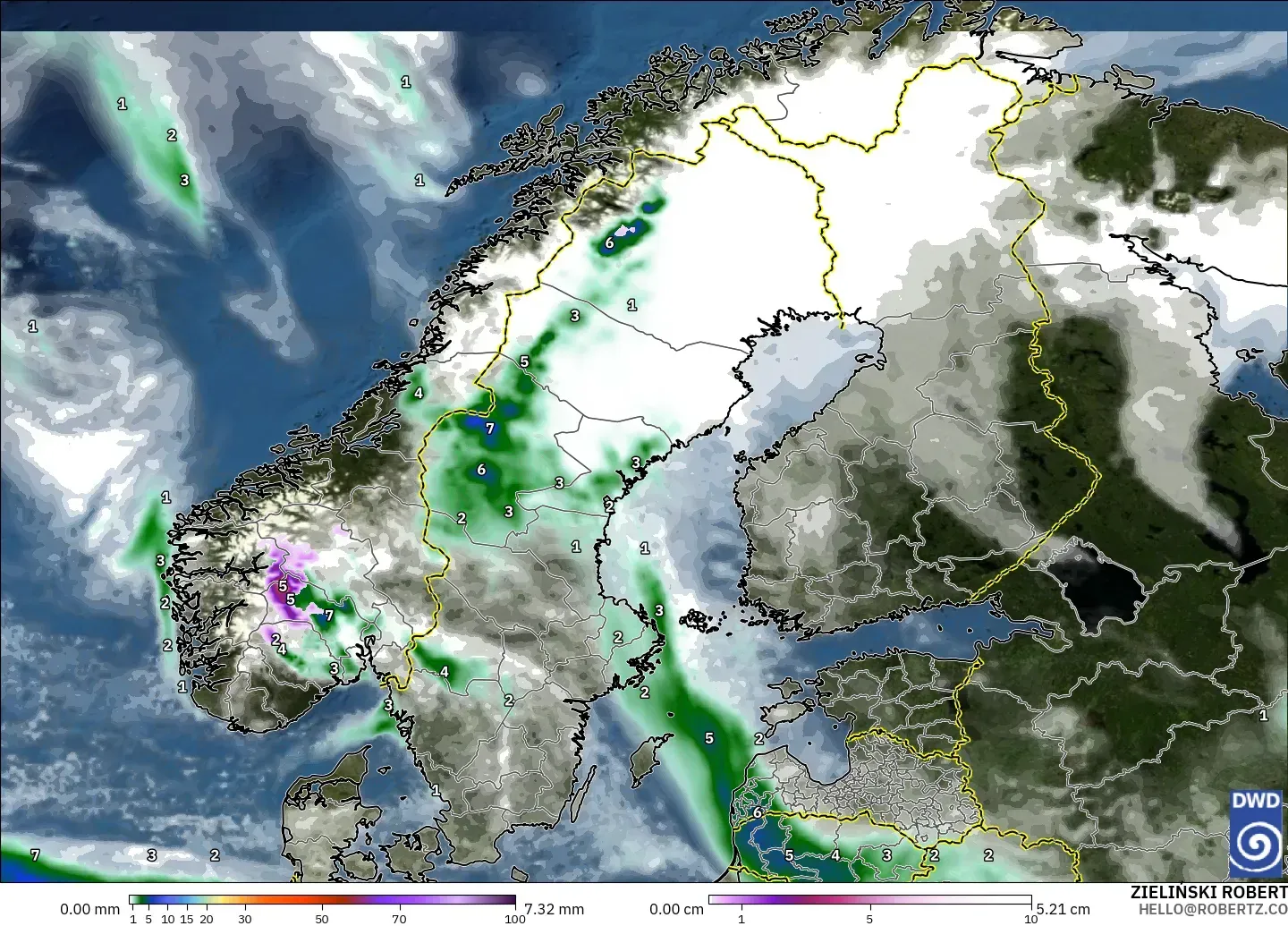 ICON model - Scandinavia, Precipitation, Clouds, and Pressure