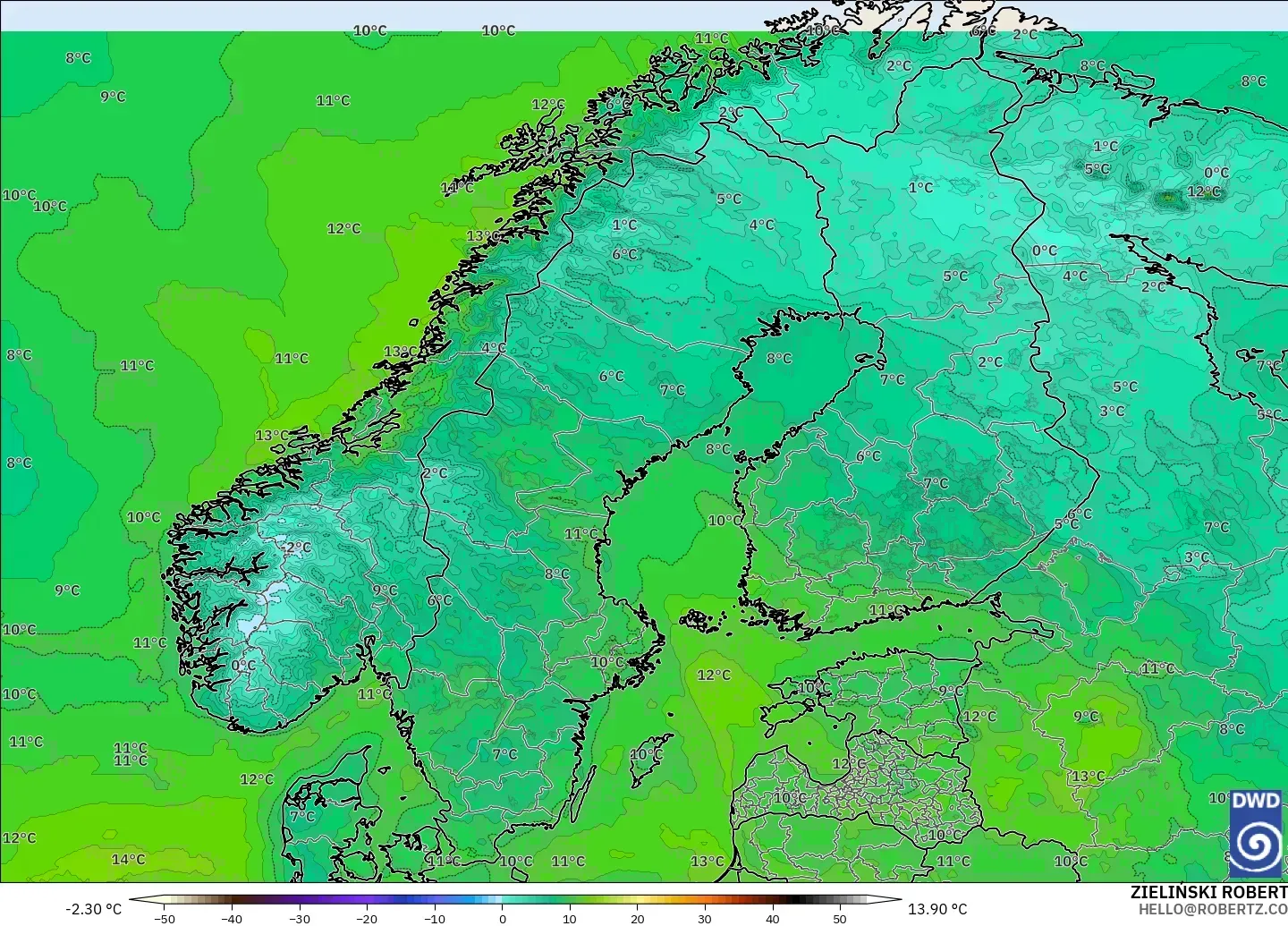 ICON model - Scandinavia, Temperature at 2m