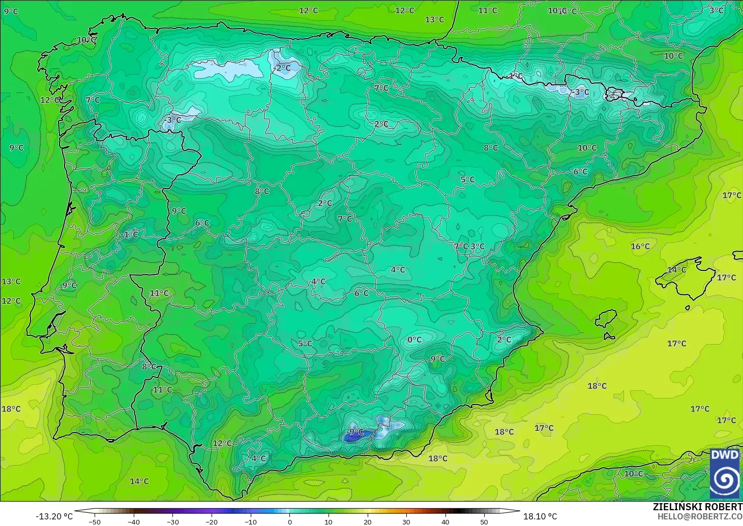 ICON model - Spain, Dewpoint at 2m