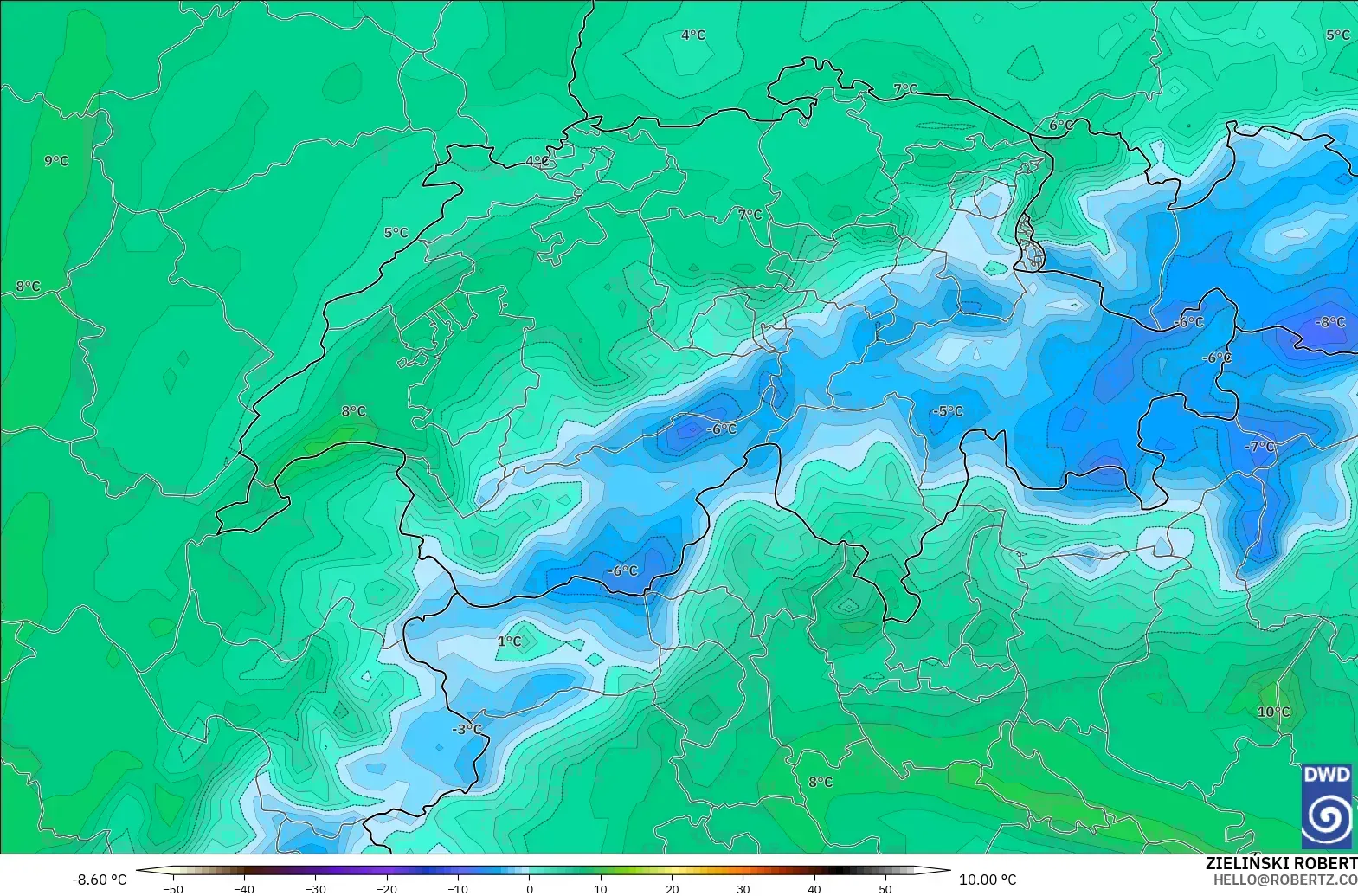 ICON model - Switzerland, Dewpoint at 2m