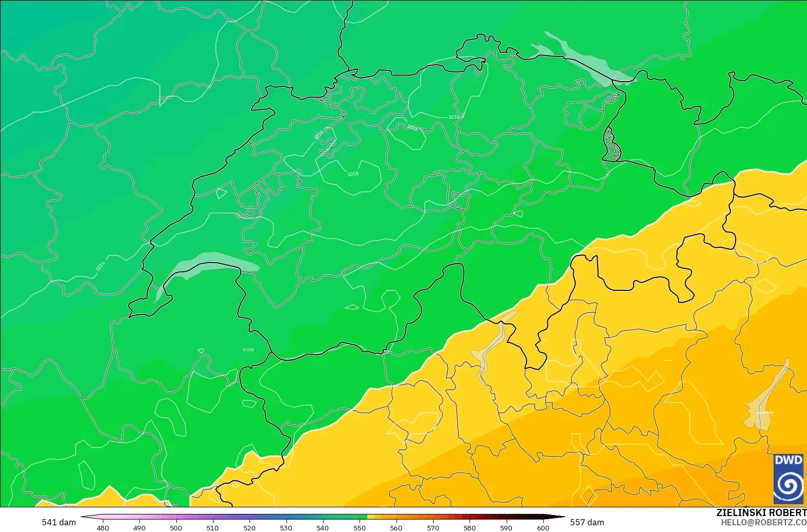 ICON model - Switzerland, Geopotential height at 500hPa