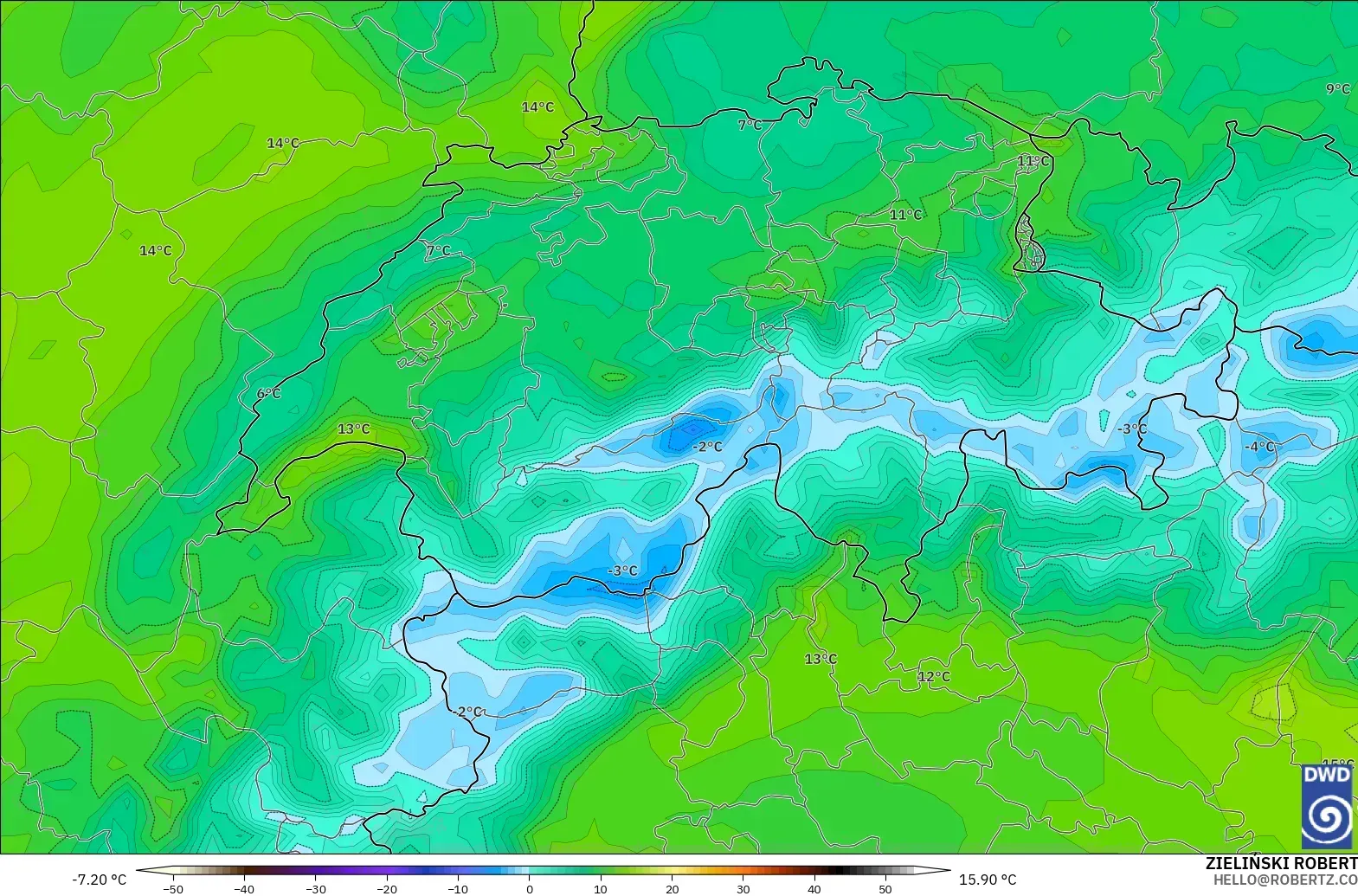 ICON model - Switzerland, Temperature at 2m
