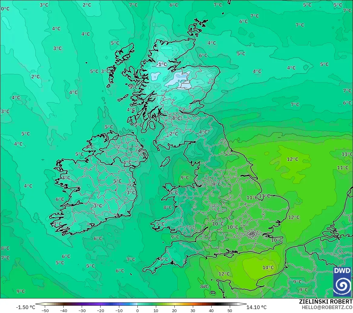 ICON model - United Kingdom, Dewpoint at 2m