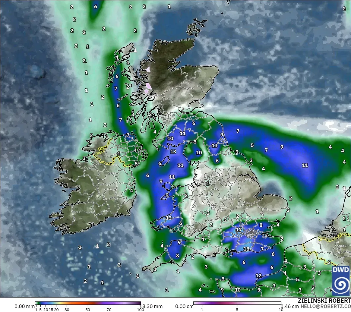 ICON model - United Kingdom, Precipitation, Clouds, and Pressure