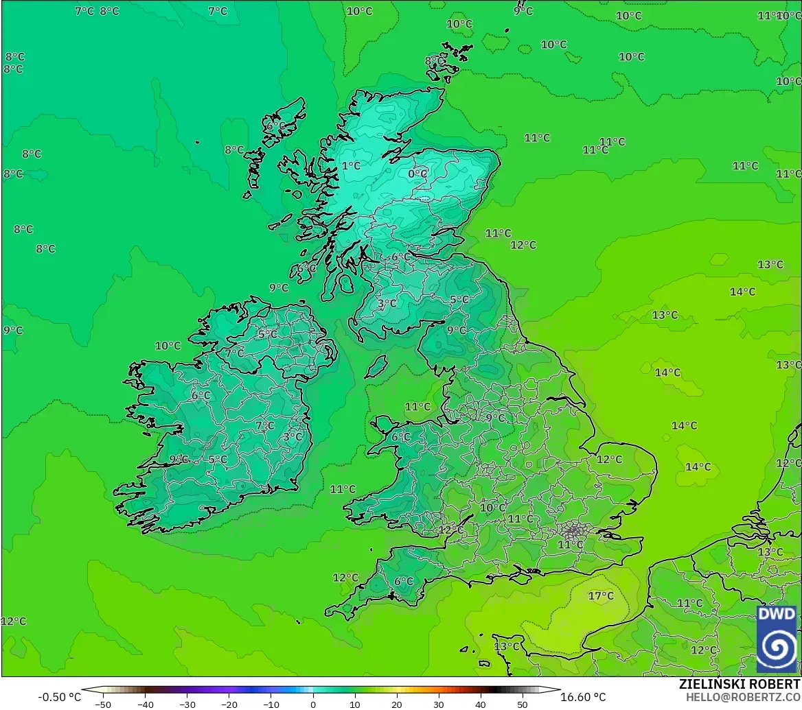 ICON model - United Kingdom, Temperature at 2m