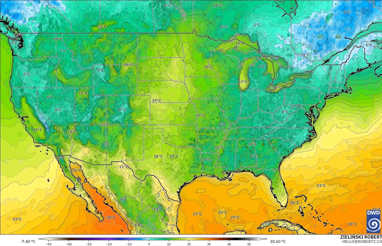ICON model - United States, Temperature at 2m