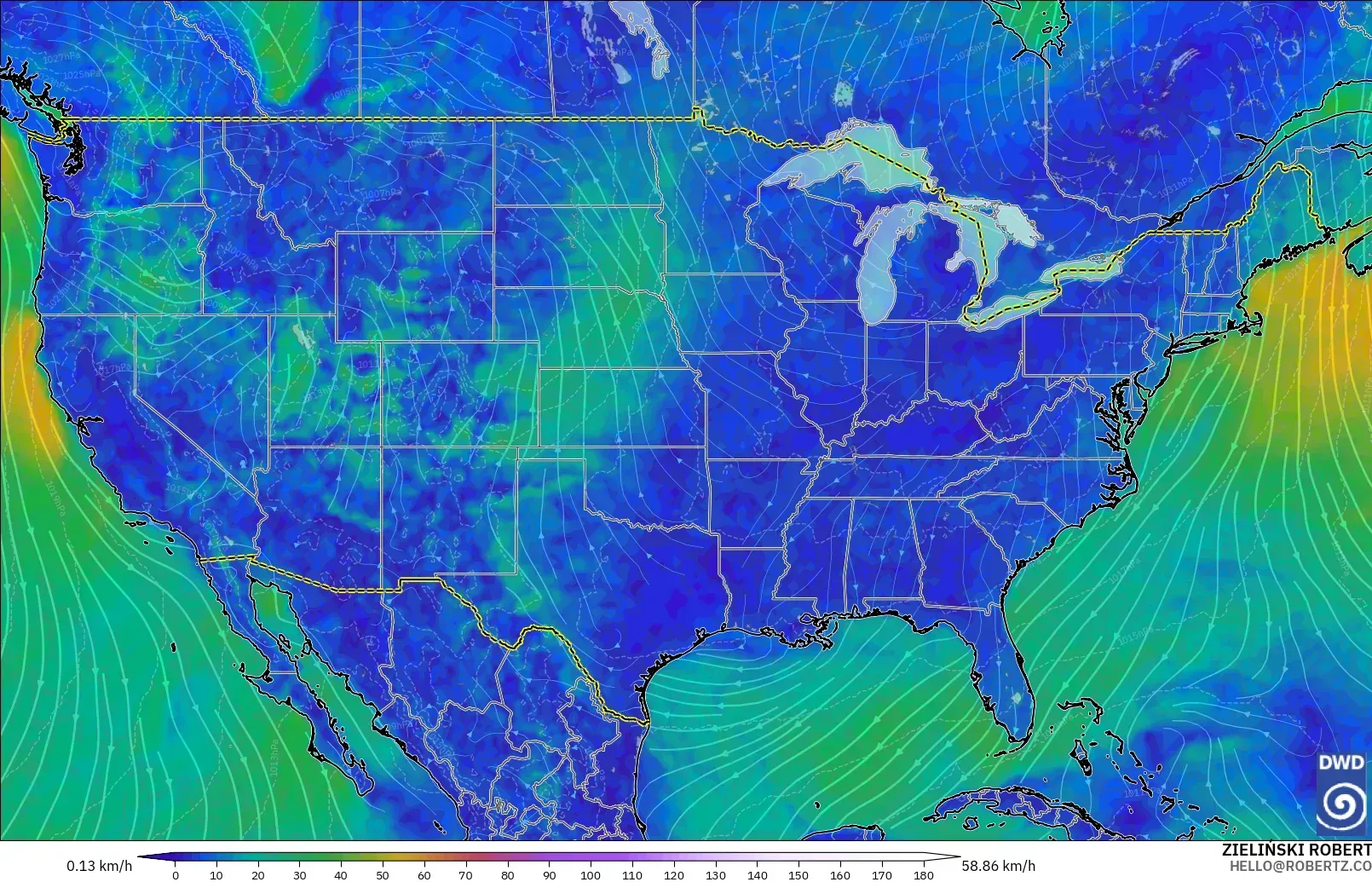 ICON model - United States, Wind at 10m