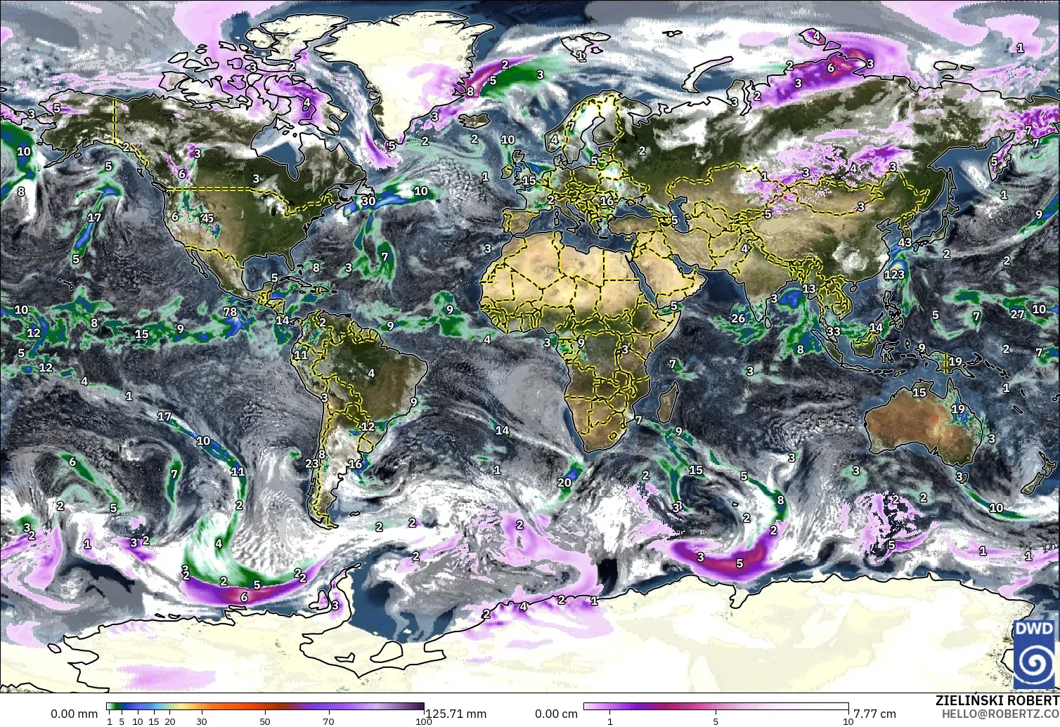 ICON model - World, Precipitation, Clouds, and Pressure